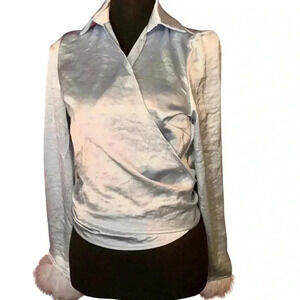 Sky Blue Wrap top with feather detail on sleeves, size small